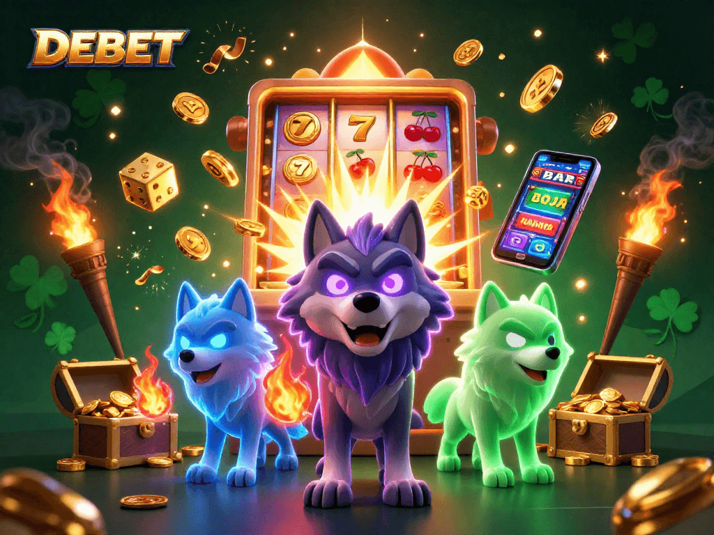 Experience thrilling moments with DEBET in this vibrant casino scene featuring winning jackpots and energetic wolves.