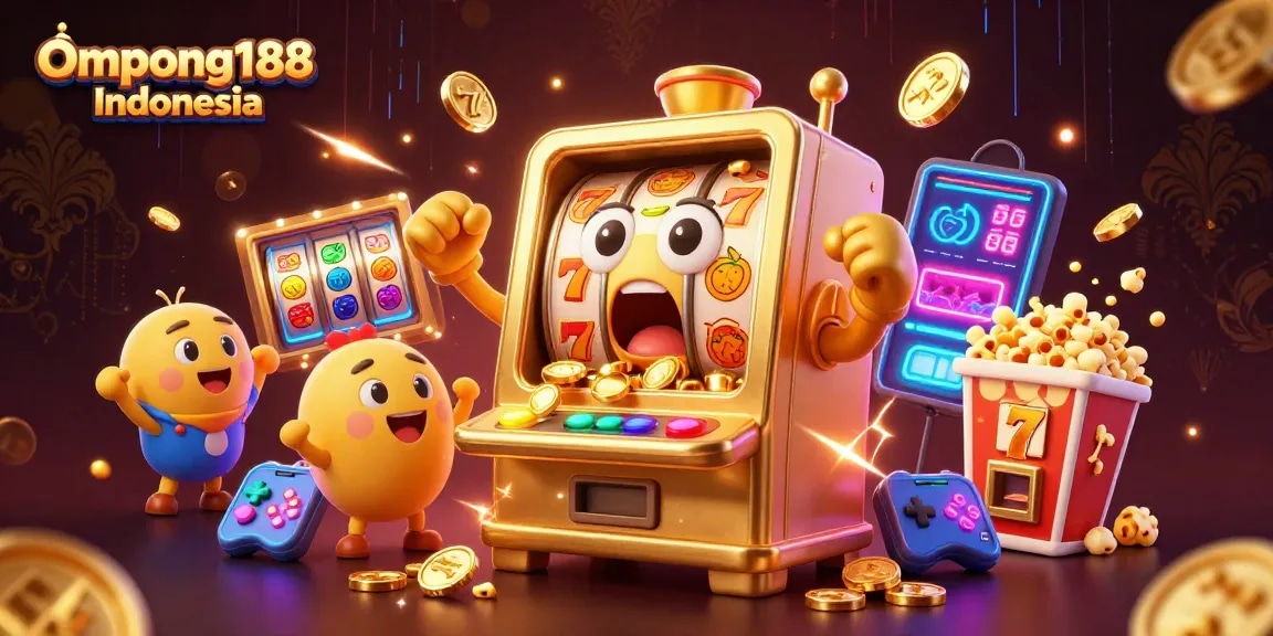 Slot machine meriah menang jackpot di Ompong188 Indonesia, dikelilingi simbol dan elemen permainan yang cerah.