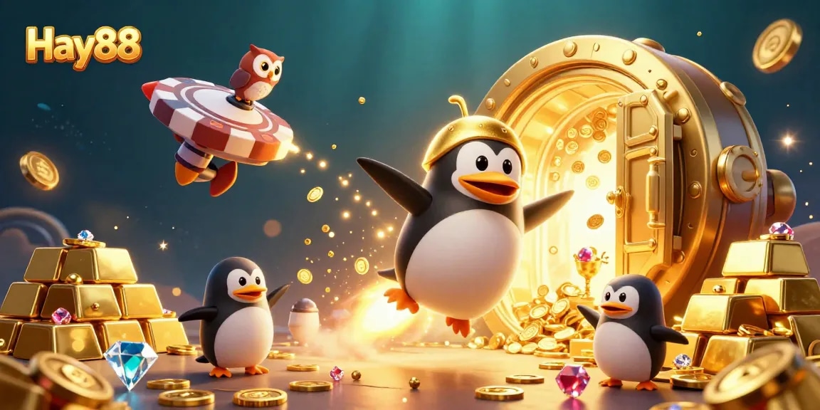 Engage with Hay88's thrilling casino experience featuring a golden penguin and shimmering treasures.