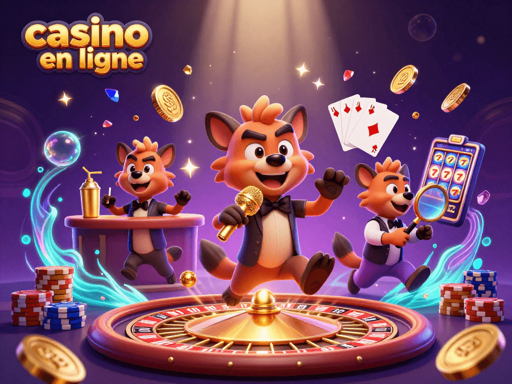 Profitez de l'excitation des jeux de casino en ligne avec des hyènes animées au bar et au micro.