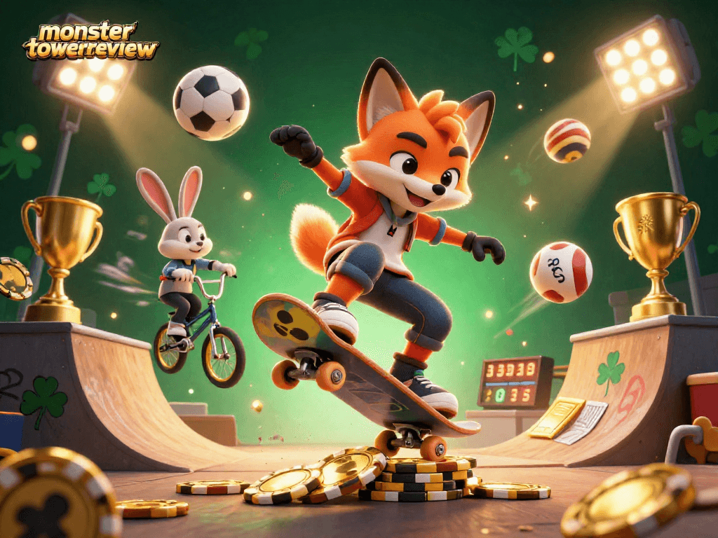 Experience thrilling action in monstertowerreview with a skateboarder fox over golden poker chips.