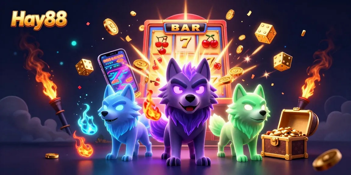 Experience thrilling wins at Hay88 with vibrant casino games featuring animated wolf spirits.