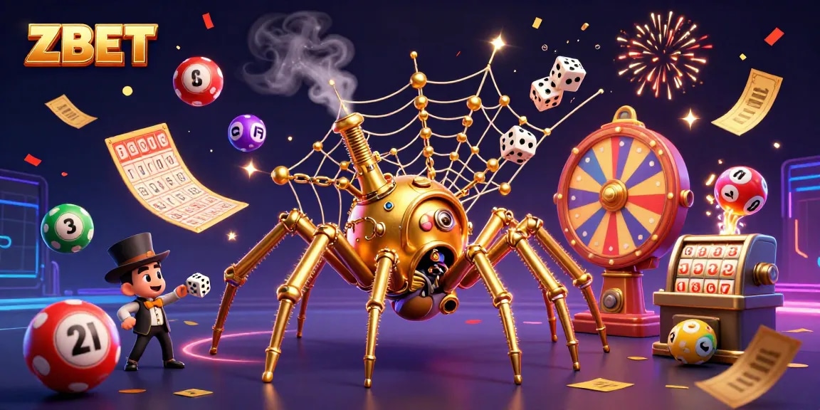Experience the excitement of ZBET with a dynamic casino-themed 3D illustration featuring a golden spider and vibrant game elements.