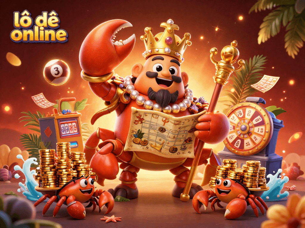 Engage in lô đề online gameplay with a vibrant illustration of a golden crab emperor amidst colorful lottery elements.