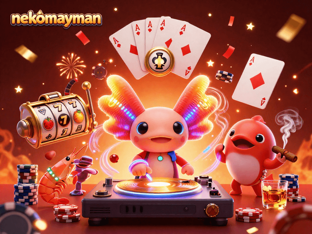 Experience the excitement of nekomayman slots with vibrant axolotl DJ, colorful shrimp dancers, and jackpot symbols.