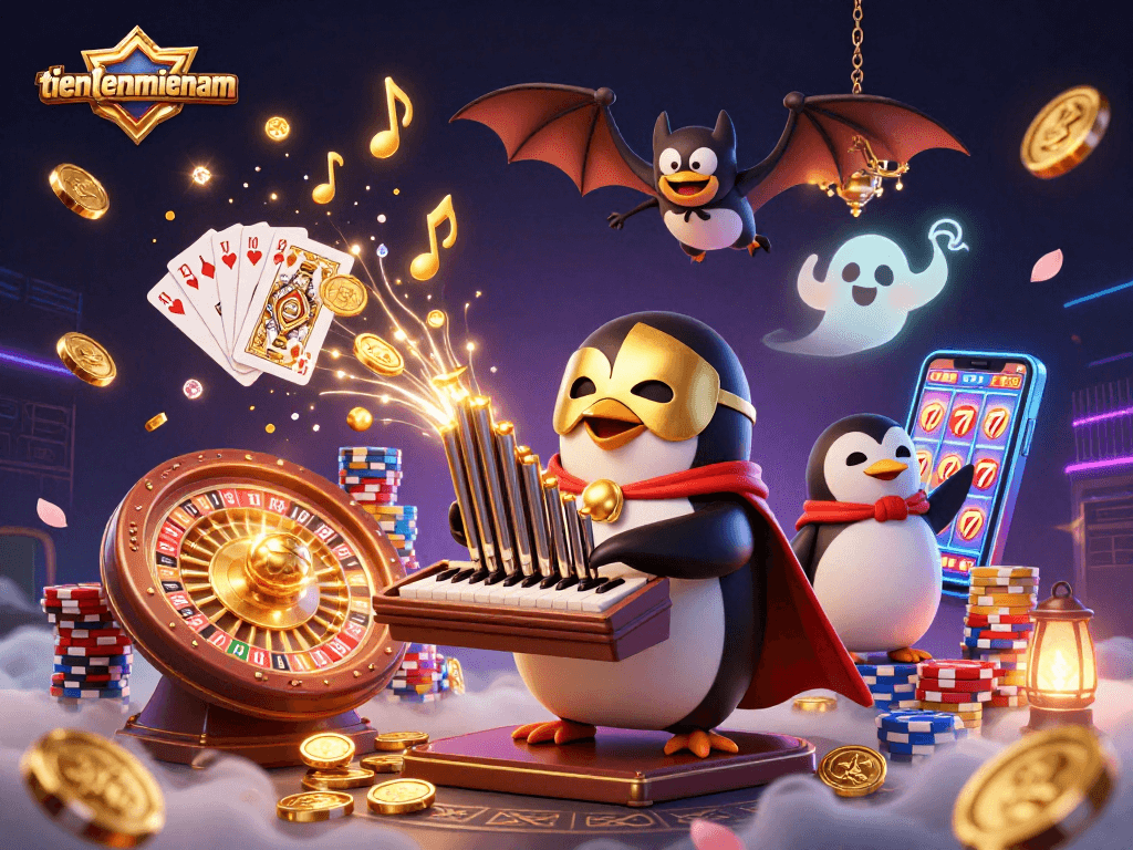 Experience thrilling gameplay at tienlenmiennam with vibrant characters amidst cascading coins and vibrant casino elements.
