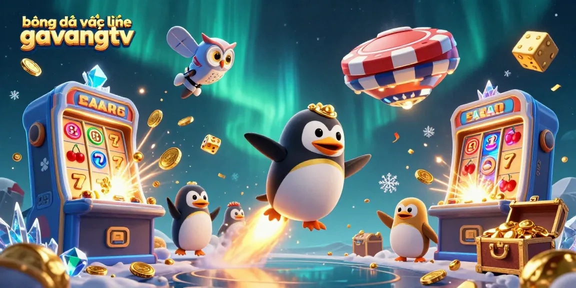 Experience exciting bóng đá trực tuyến gavangtv with golden penguin and jackpot symbols in a vibrant scene.