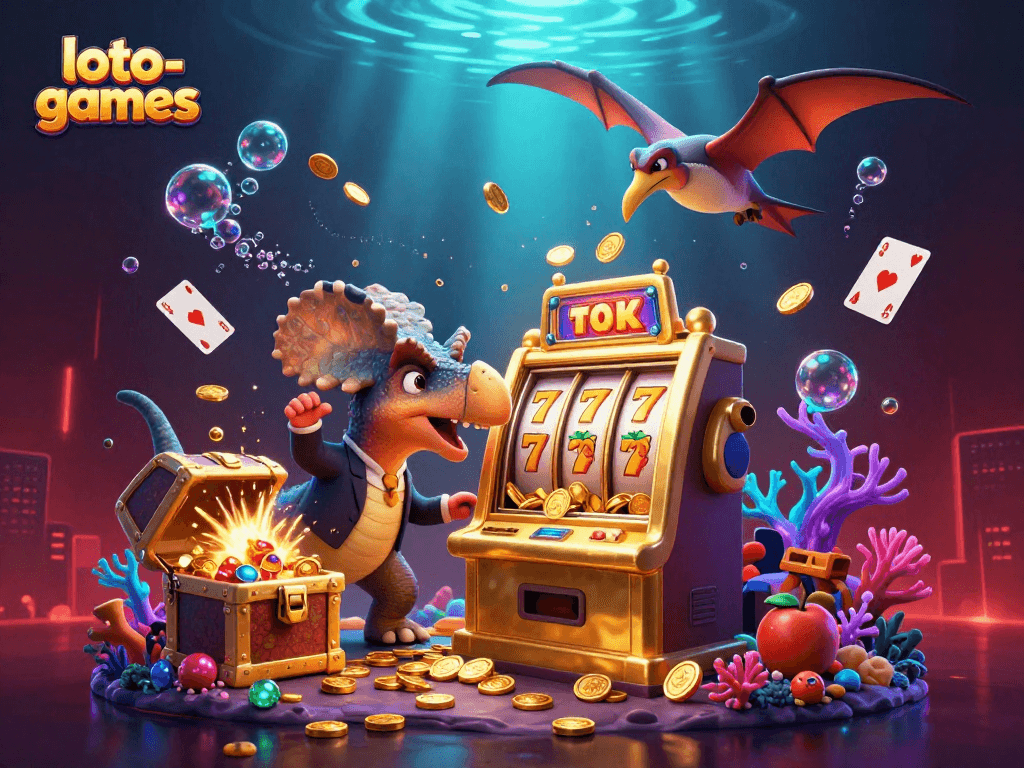 Loto-games features a pachycephalosaurus headbutting a slot machine while coins rain down.