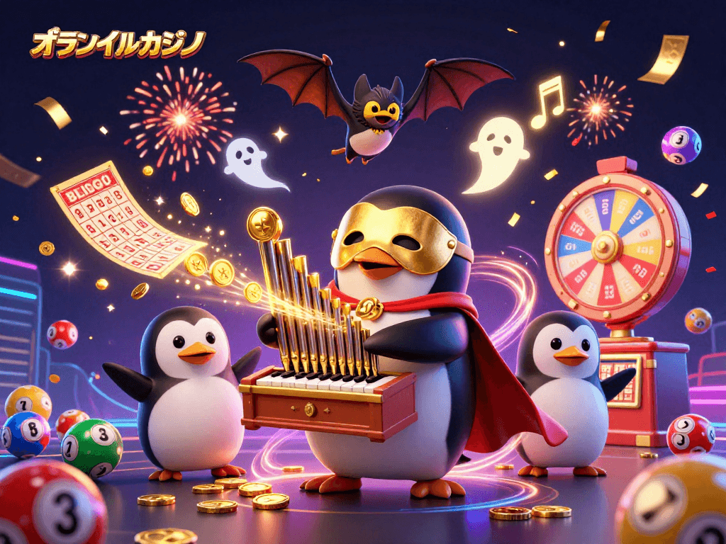 オンラインカジノでゴールドのコインを吐き出すオルガンを演奏するペンギンのイラスト