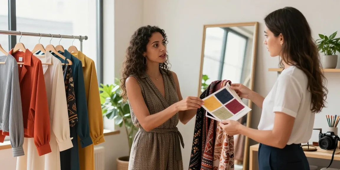 Consulente d'immagine in azione, donna che esplora il suo stile personale con consigli su abbigliamento e accessori.