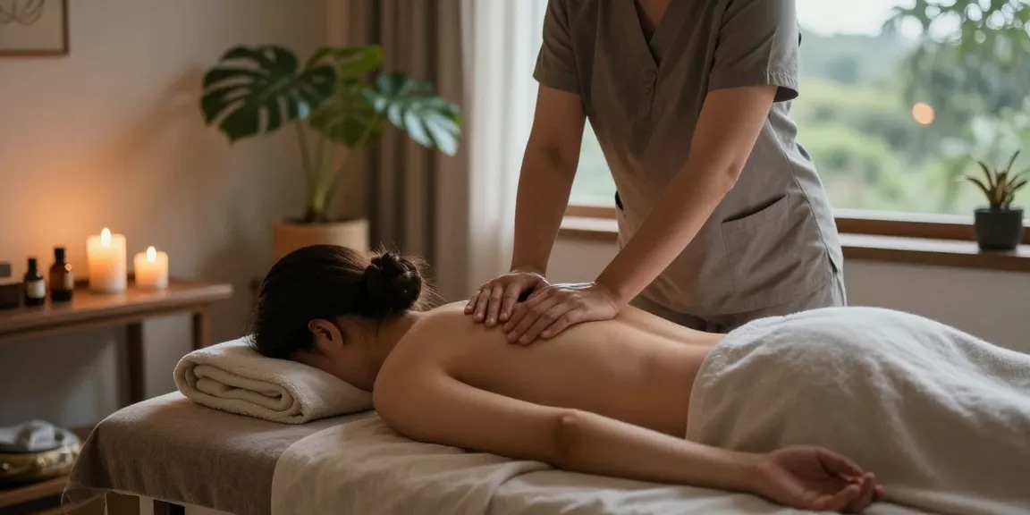 마사지 치료 중인 고객과 편안한 분위기의 마사지 테라피스트 모습