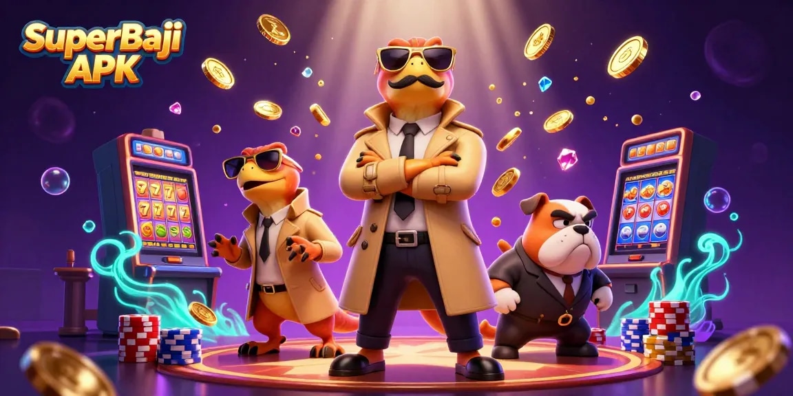 Engage with SuperBaji APK: cartoon raptors and a bulldog bouncer in a vibrant casino scene full of games.