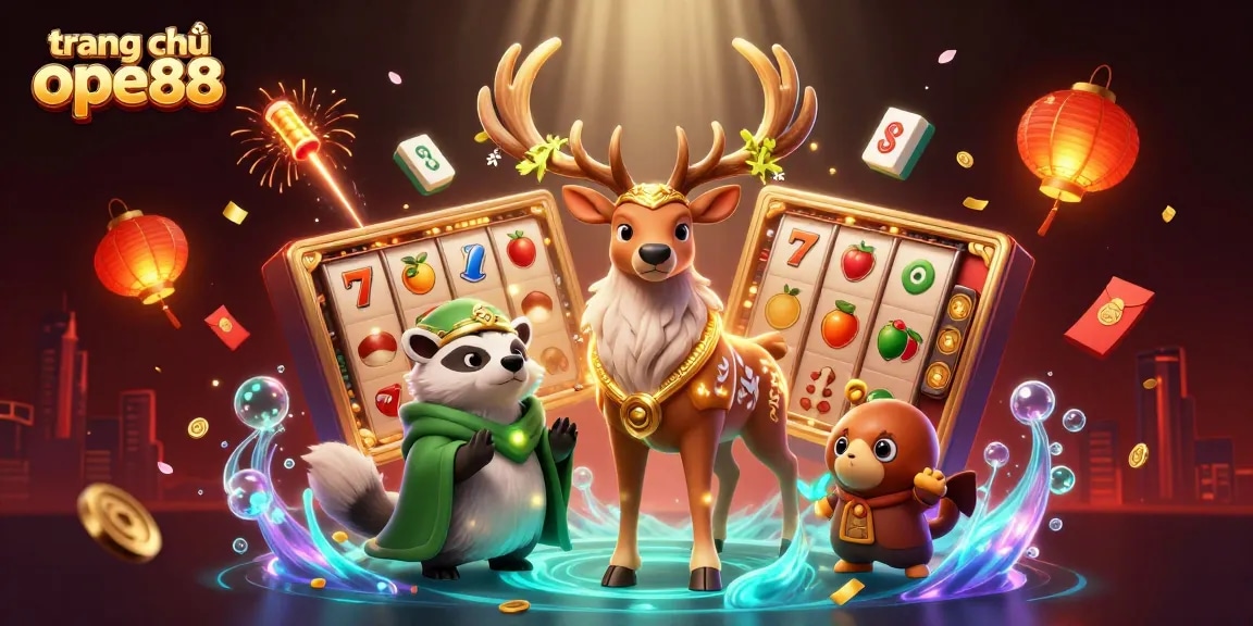 Experience the thrilling excitement of playing slots at trang chủ ope88 with vibrant 3D illustrations of games and rewards.