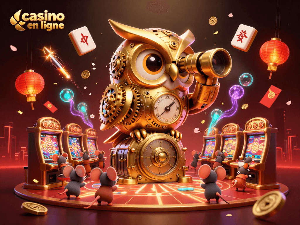 Plongez dans l'univers du casino en ligne avec cette illustration captivante de hibou doré et souris jouant entre les machines à sous.