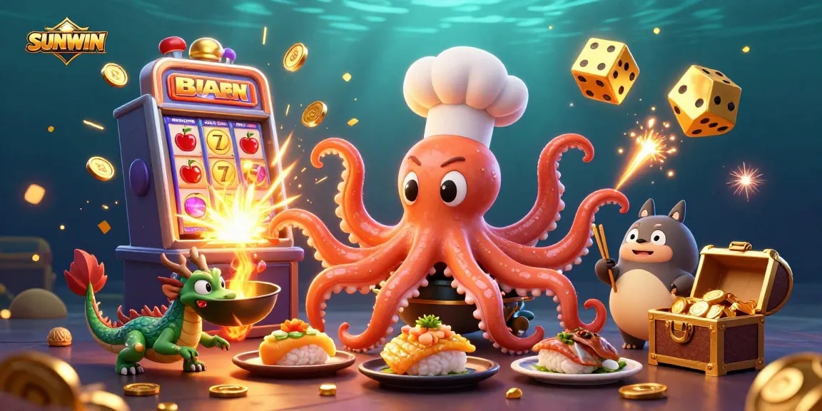 SUNWIN showcases a vibrant scene with an octopus chef and dragon amidst a dynamic casino atmosphere, winning coins flying everywhere.