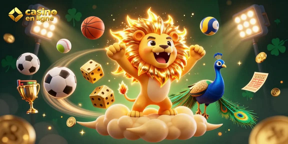 Gagnez au casino en ligne avec une illustration dynamique de lion, dés dorés et sports.