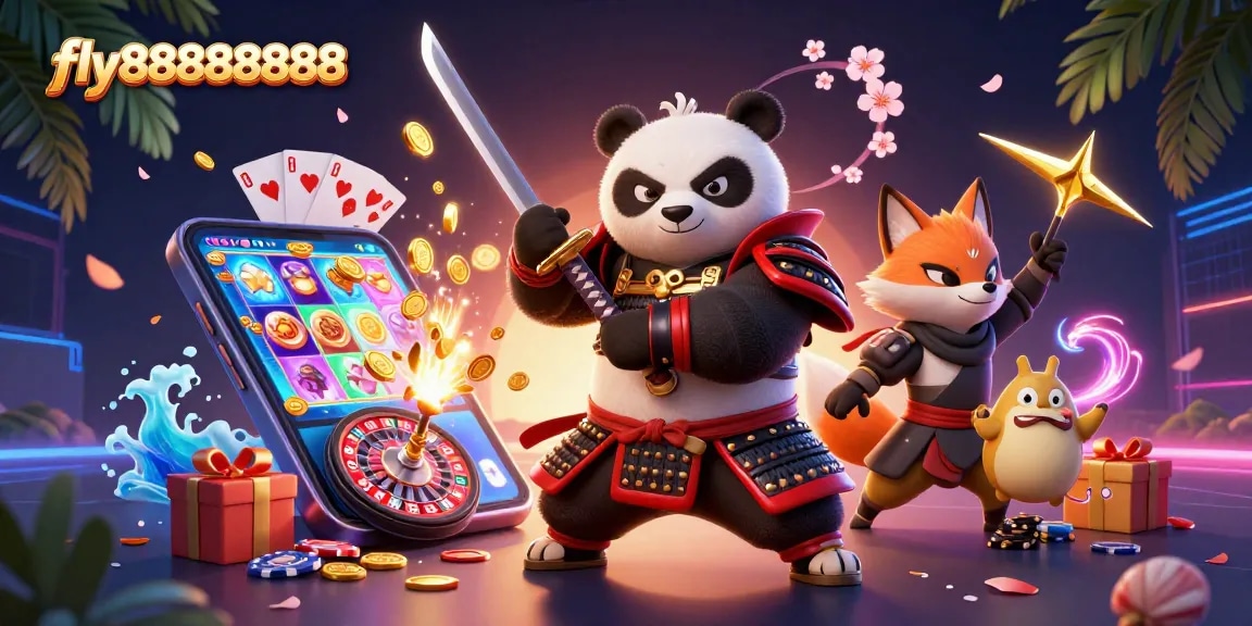Experience high-energy gaming at fly88888888 with a fierce samurai panda and dynamic casino elements.
