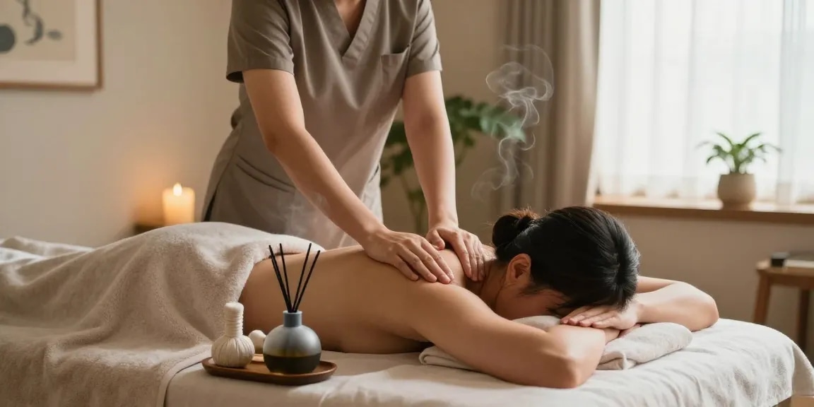 마포출장마사지 session with a professional masseuse providing a relaxing experience in a serene home setting.