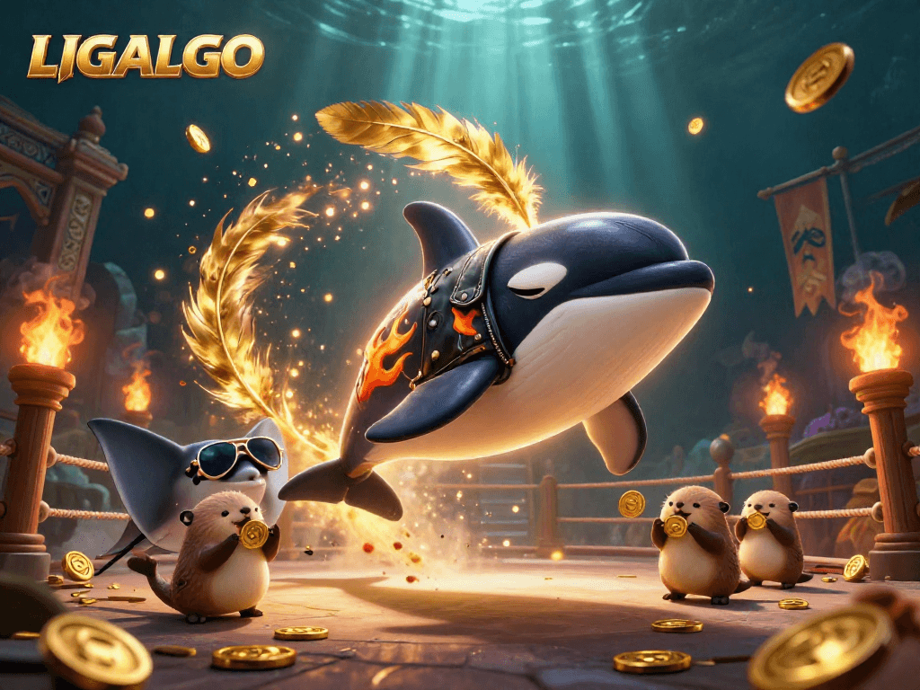 LIGALGO showcases thrilling casino excitement as an orca, stingray, and otters celebrate with gold coins.