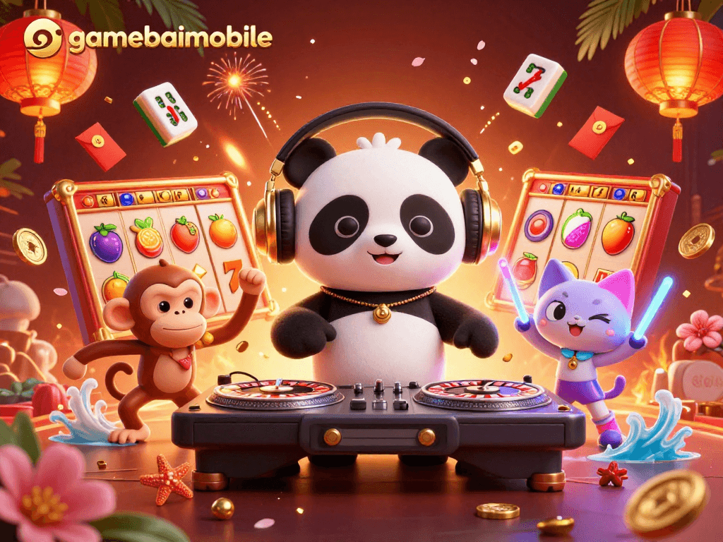 Engage in fun gaming adventures with gamebaimobile's vibrant casino scene featuring DJ panda and friends.