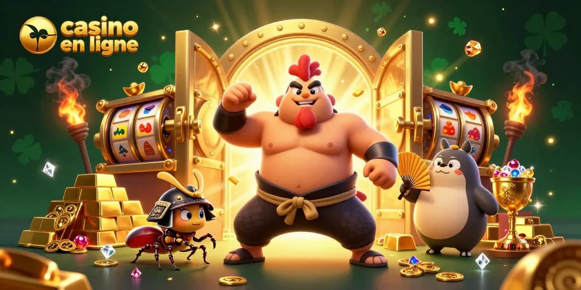 Scénario dynamique illustrant un casino en ligne avec un sumo en colère et un cricket combattant.