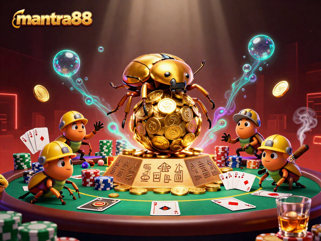 Experience the excitement of mantra88 with golden coins, poker chips, and dynamic casino elements.