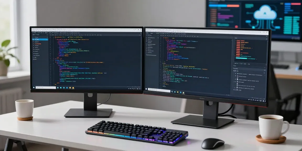 MB66 software development workspace with advanced coding setup, cloud computing tools, and AI elements.