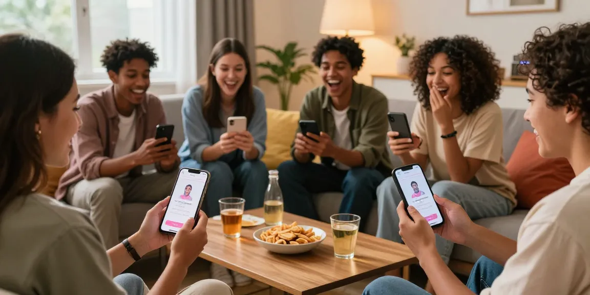 Friends enjoying an attractiveness test on smartphones, laughing and engaging in a cozy living room.