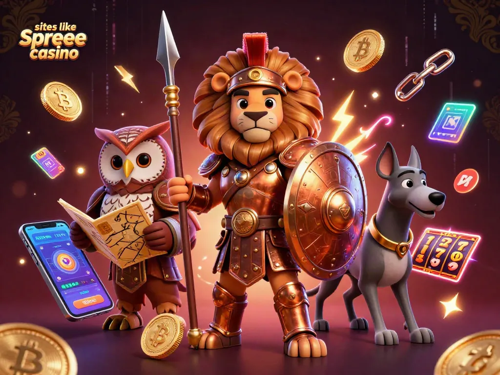 Play thrilling games like spree casino with a Spartan lion and friends amid vibrant slot elements.