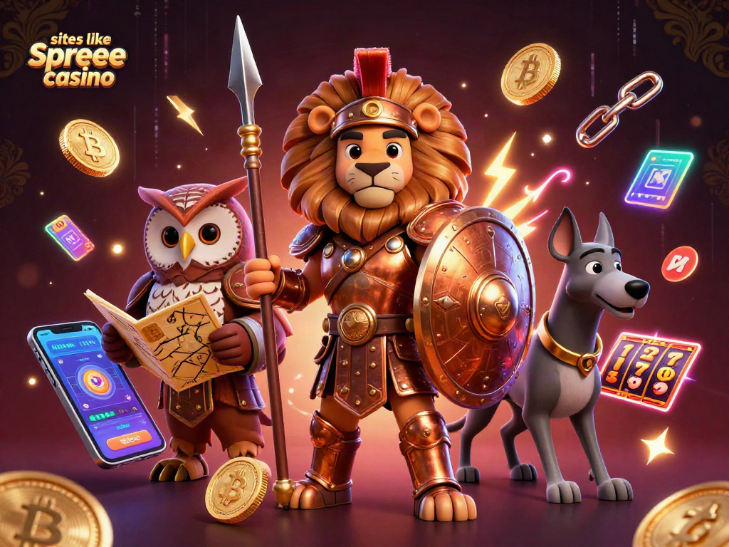 Play thrilling games like spree casino with a Spartan lion and friends amid vibrant slot elements.