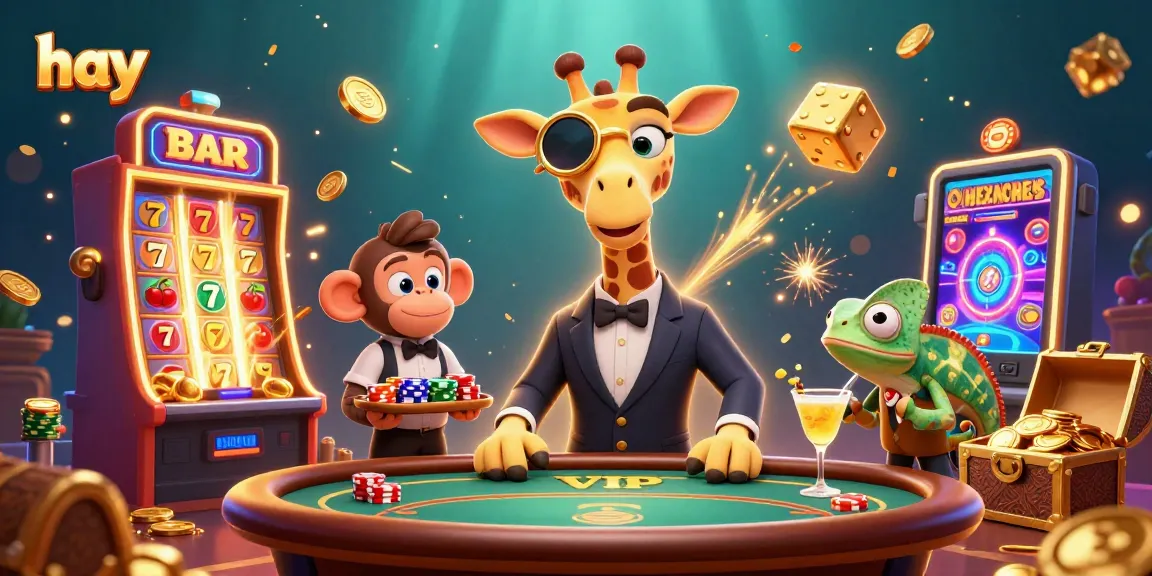 Join the fun with hay at a vibrant casino scene featuring a giraffe, monkey, and chameleon.