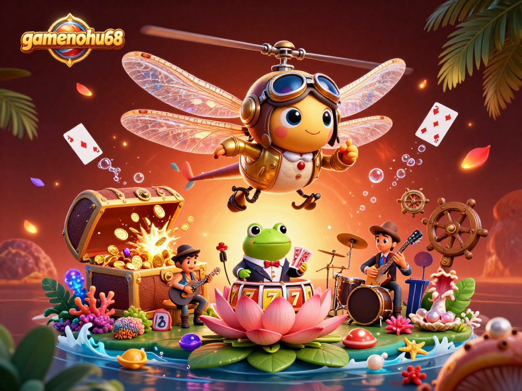gamenohu68 spins vibrant slot reels with a colorful casino scene featuring a dragonfly pilot and jazz musicians.