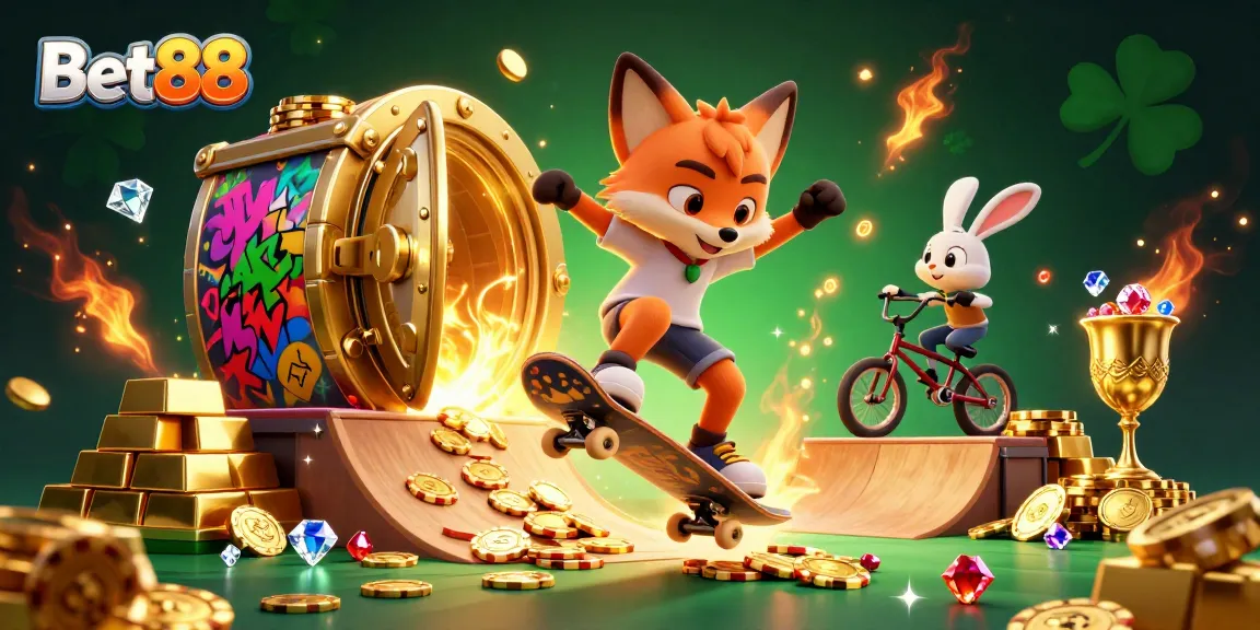 Experience the thrill of Bet88 with a vibrant 3D casino scene featuring a skateboarder fox and BMX rabbit.