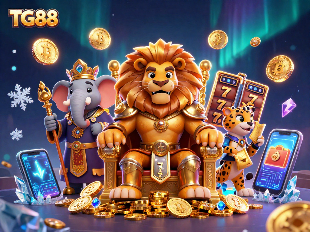 Experience thrilling gaming at TG88 with a majestic lion king and vibrant casino elements.