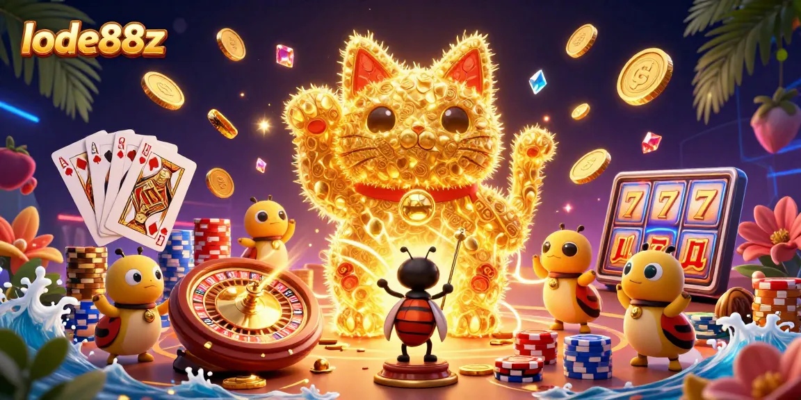 Experience the excitement of lode88z with this vibrant casino illustration featuring a lucky cat.