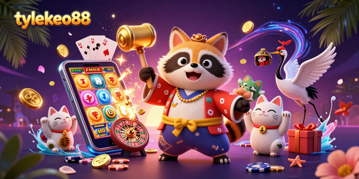 Experience the vibrant world of tylekeo88 with a cheerful tanuki, captivating games, and lucky charms.