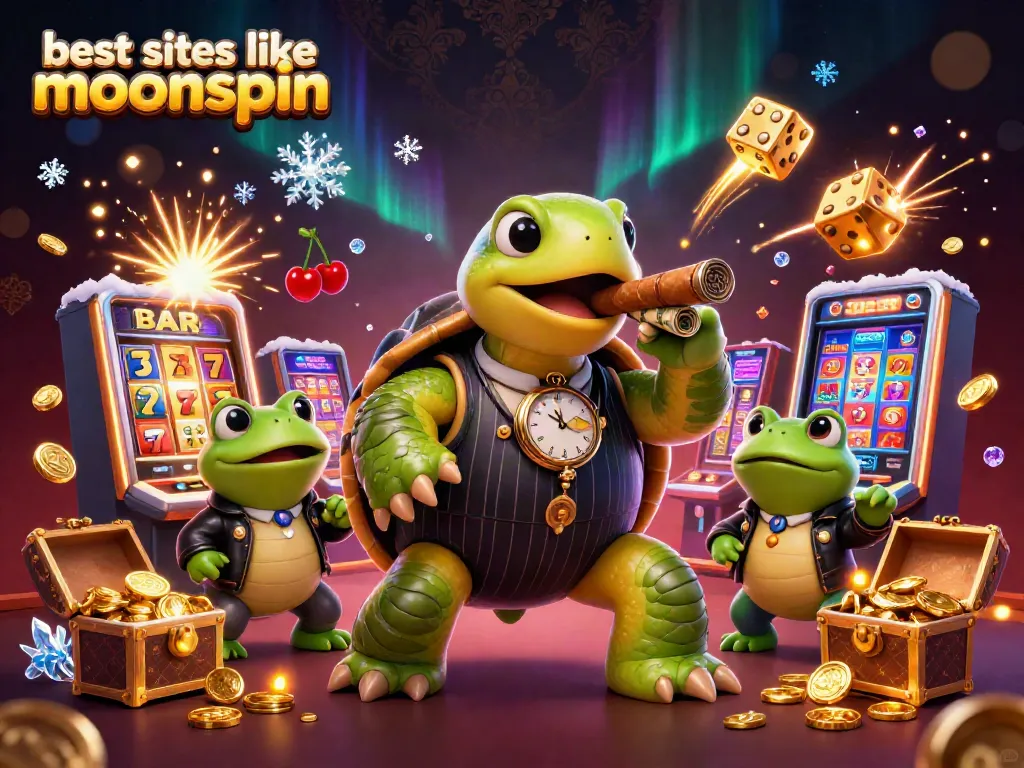 Engage with the best sites like moonspin through a vibrant 3D casino scene featuring a mafia turtle and froggy enforcers.