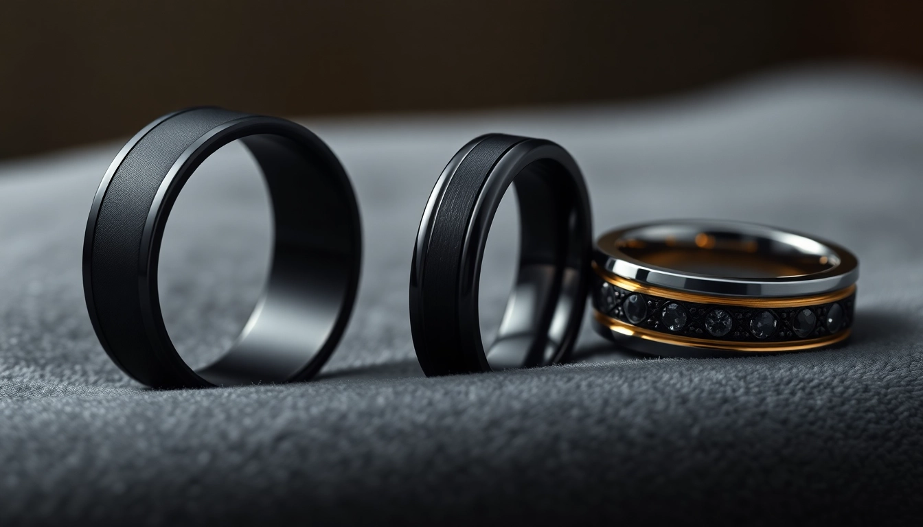 Showcase dark mens wedding bands with elegant designs and stunning textures displayed vividly.