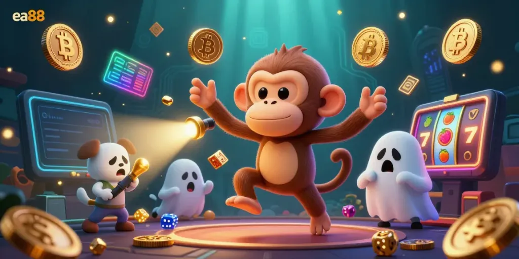 Hình ảnh về ea88 lôi cuốn với hình ảnh ma quái đang nhặt tiền vàng trong casino ma ám.