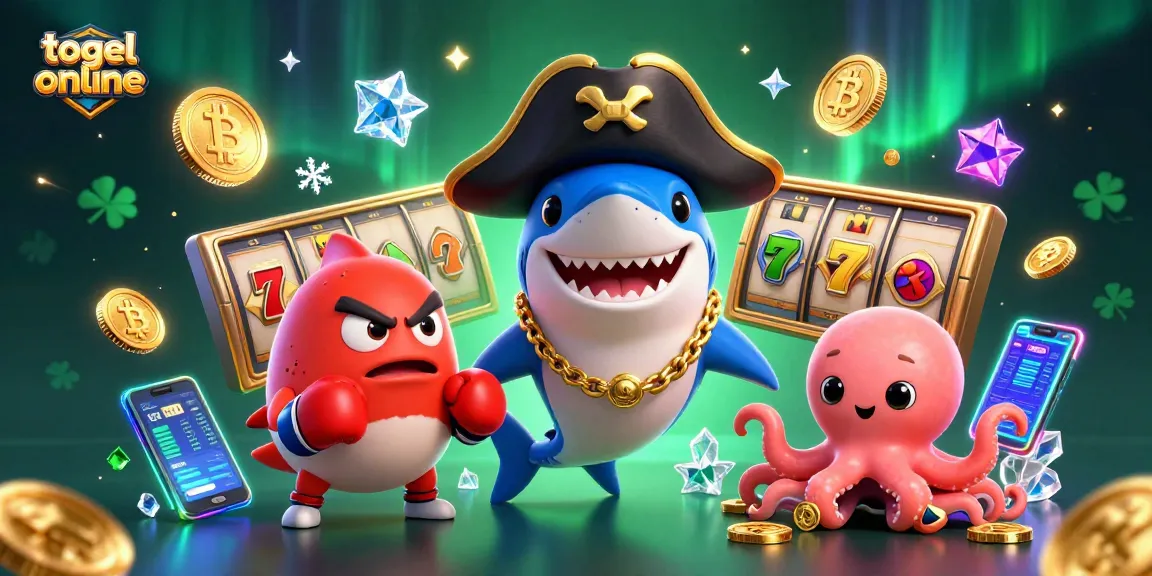 Engage in thrilling togel online with a colorful 3D scene featuring a pirate shark and casino elements.