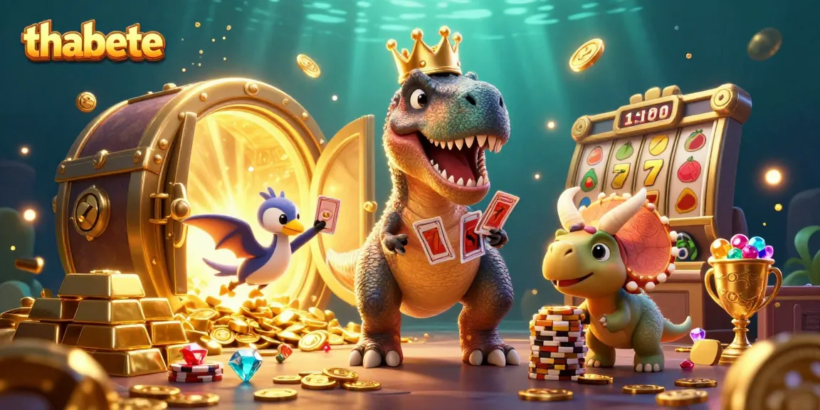 Join the thrilling action at thabete as a T-Rex shuffles cards surrounded by treasures!