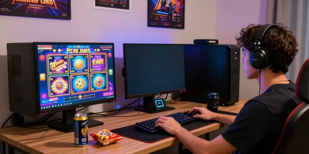 Engaging home gaming setup for situs slot gacor with vibrant screens and snacks.