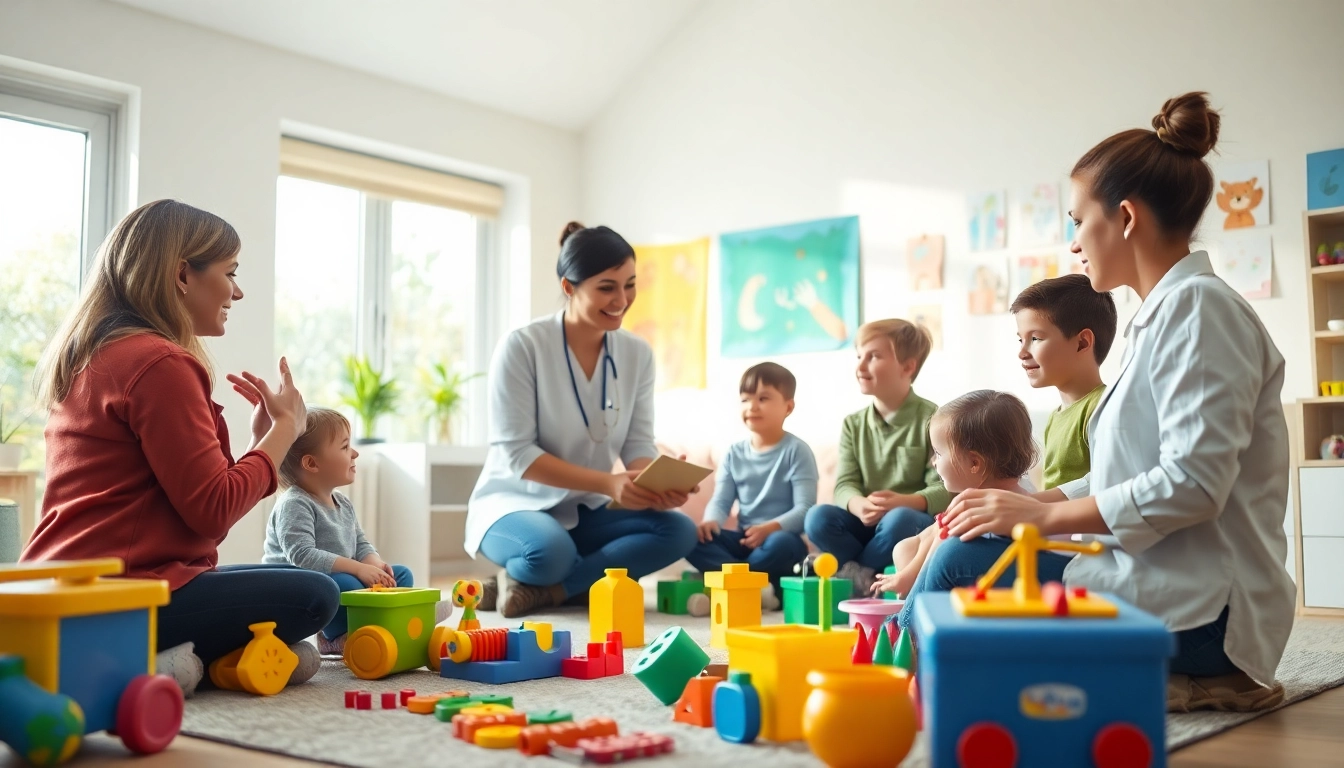 Engaging autism therapy session showcasing supportive interaction between therapists and children.