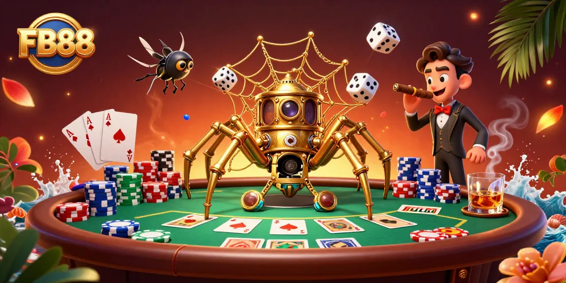 FB88 features a dynamic 3D illustration of a golden spider capturing dice amidst poker elements.