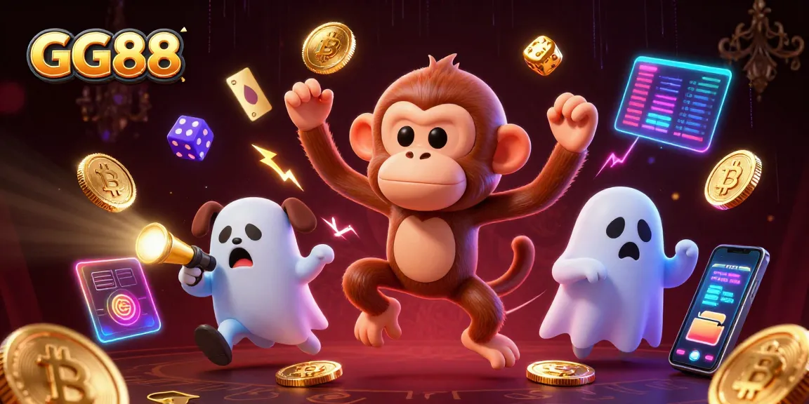 Experience thrilling gaming at GG88, where our ghost-hunter puppy tracks a mischievous monkey juggler in a vibrant online casino.