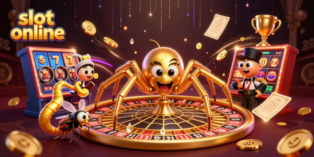 Experience thrilling slot online action with a golden spider and croupier in a captivating roulette scene.