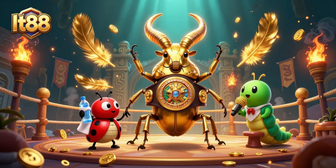 lt88 gambling arena featuring a golden stag beetle boxing champion and colorful casino elements.