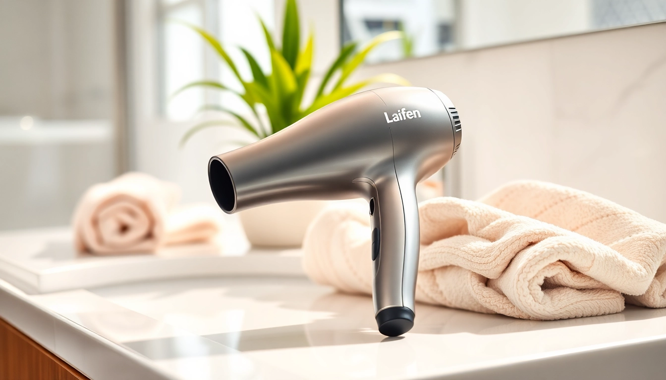 Showcase the sleek Laifen SE hair dryer for effective styling in any bathroom setting.