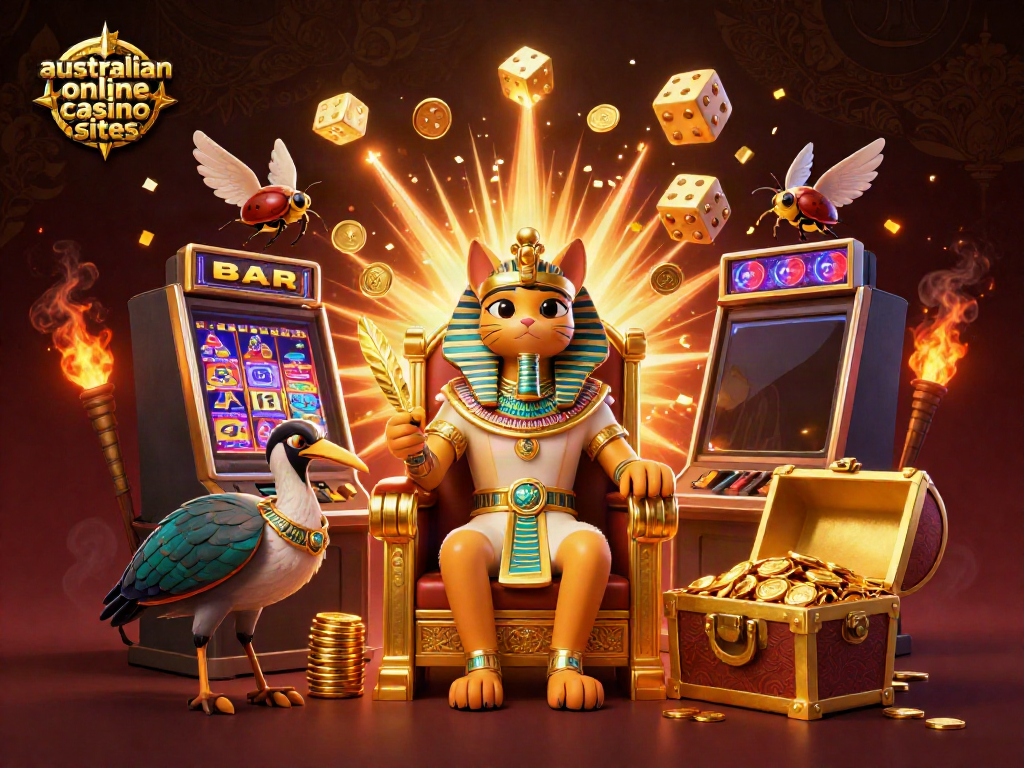 Engaging illustration of vibrant australian online casino sites dynamic gaming scene featuring a 3D pharaoh cat and an ibis with casino elements.
