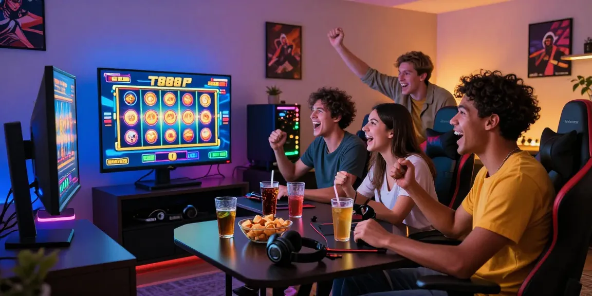 Exciting social gaming scene featuring friends engaged in an 888 slot game.